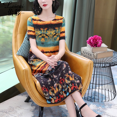 桑蚕丝真丝连衣裙女夏2019新款时尚休闲短袖宽松款印花长裙3965商品大图