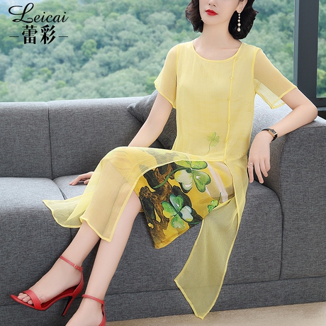 时尚印花桑蚕丝真丝连衣裙女夏2019新款宽松中长款气质裙子4068商品大图