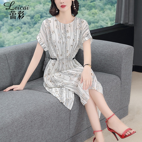 桑蚕丝真丝连衣裙女夏2019新款套装短袖印花两件套中长款裙子4096商品大图