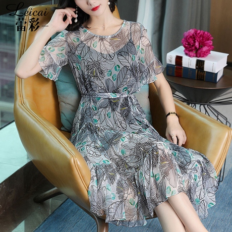 桑蚕丝真丝连衣裙女夏2019新款中长款印花短袖吊带两件套裙子3865商品大图