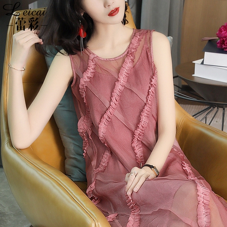 蕾彩春季2019新款女两件套桑蚕丝真丝连衣裙中长款无袖夏装3326商品大图