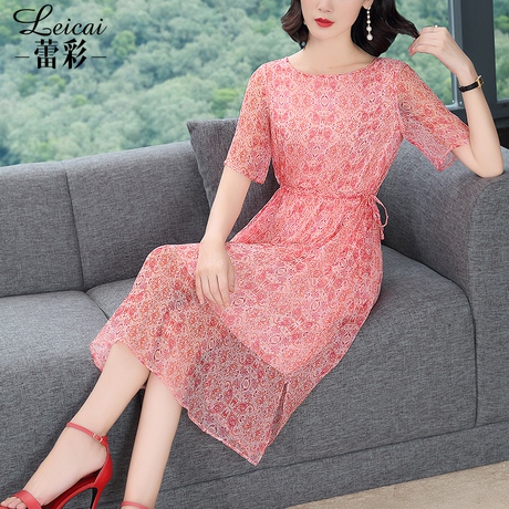 时尚桑蚕丝真丝连衣裙女夏2019新款中长款气质红色A字裙子4111商品大图