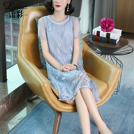 桑蚕丝真丝连衣裙女夏2019新款刺绣中长款宽松短袖时尚裙子3858商品大图