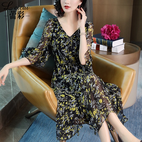 桑蚕丝真丝连衣裙2019夏新款女中长款显瘦夏装印花V领A字裙子3556商品大图