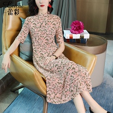 中长款桑蚕丝真丝连衣裙2019夏新款女夏装短袖印花宽松裙子3664图片