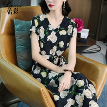 桑蚕丝真丝连衣裙女夏2019新款时尚V领短袖印花收腰显瘦长裙3866图片