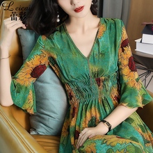 蕾彩夏季2019新款女印花桑蚕丝真丝连衣裙中长款夏装a字裙子3335图片