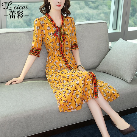 蕾彩2019夏季新款真丝印花中长款桑蚕丝修身夏装连衣裙子女3374商品大图