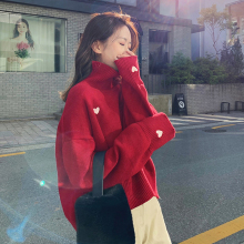 2018新款韩版爱心高领网红圣诞毛衣女慵懒风套头宽松加厚情侣装冬