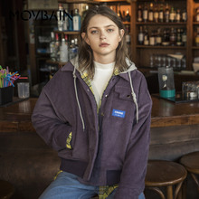 GXG女装MOVBAIN2018冬季新款宽松卡其色灯芯绒刺绣棉衣棉服女外套图片