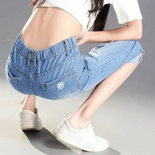 产品破洞牛仔七分裤 松紧腰宽松大码 促销 女夏季薄款 韩版 胖限时打折