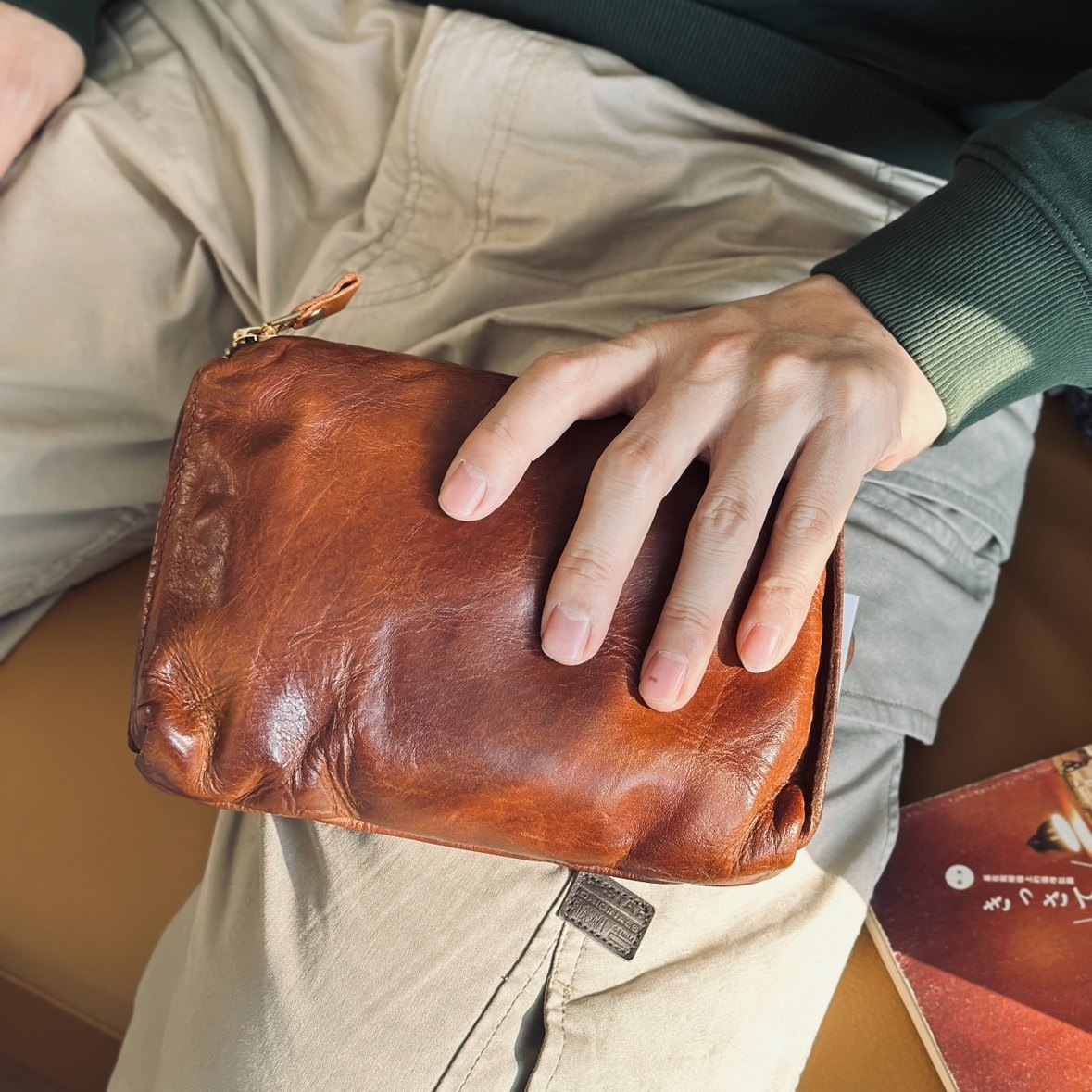 【20*12*5】MOZE头层牛皮方形手拿包真皮多功能收纳手腕真皮包