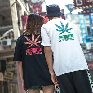 潮牌夏季宽松麻叶原宿风情侣装半袖