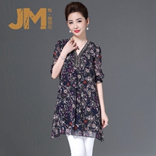 JM中老年女装夏季长袖韩版钉珠雪纺印花连衣裙2018新款妈妈装3935图片