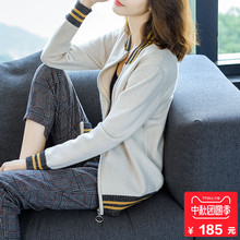 2018初秋新款韩版亮丝针织短外套女装长袖棒球服短款毛衣开衫外搭图片