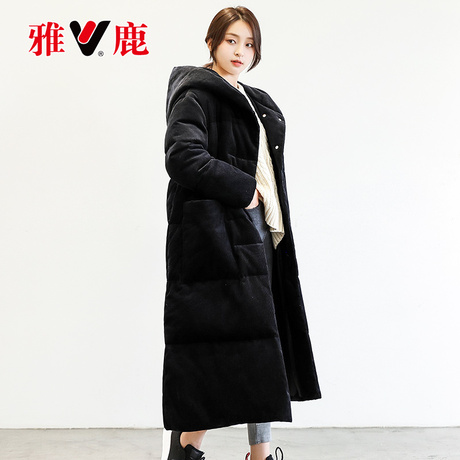雅鹿2018冬 时尚休闲潮女过膝超长款羽绒服 欧美连帽风衣条绒被子商品大图