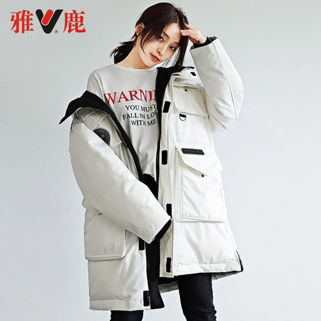 雅鹿2018冬装 青年女宽松加大码羽绒服中长 韩版加厚连帽潮外套白商品大图
