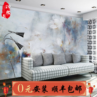 大型客厅沙发背景墙 壁纸壁画墙纸装饰画 时尚中国风油画荷花抽象最新报价