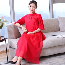 民族风改良旗袍式真丝连衣裙红色大码刺绣欧根纱长裙茶服2019春女图片