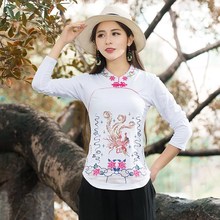 打底衫 t恤女大码 民族风修身 刺绣绣花长袖 女装 中国风上衣2017秋装
