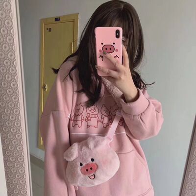 包邮 日本少女心可爱日系软妹卡通学生粉猪猪斜挎包毛绒公仔包包