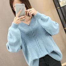 毛衣女慵懒风2018秋季新款女装V领套头韩版长袖外穿宽松针织衫潮图片