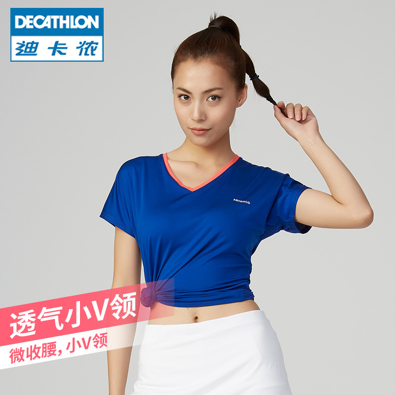 Decathlon quick drying clothes t-shirt women's summer fitness clothes V-neck sweat absorption sports short sleeve fitness large size sweat absorption clothes ten