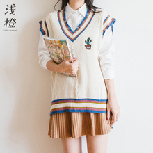 秋冬女装韩版学生拼色V领宽松百搭破洞刺绣针织马甲背心套头毛衣图片