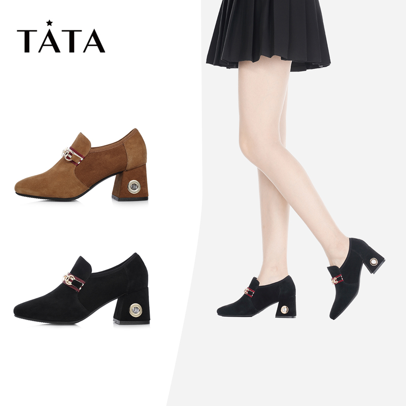 TATA/他她2018春专柜同款羊皮拼接布通勤方头粗高跟女鞋FGP22AM8