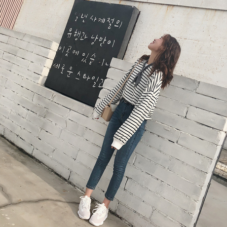 2018秋季新款女装条纹薄款宽松韩版套头长袖上衣服ins超火的卫衣商品大图