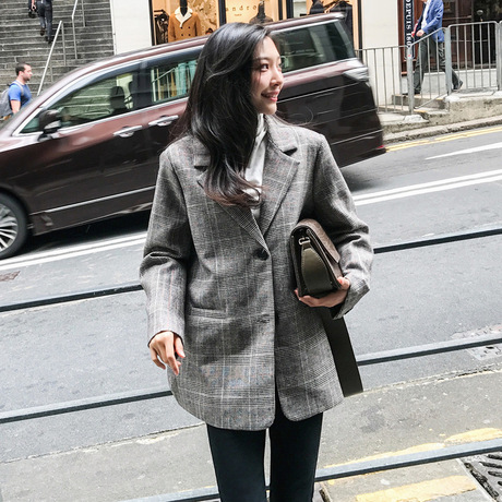 2018秋新款韩版双排扣小西装25-29岁女装外套长袖休闲格子西服女商品大图