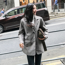 2018秋新款韩版双排扣小西装25-29岁女装外套长袖休闲格子西服女图片