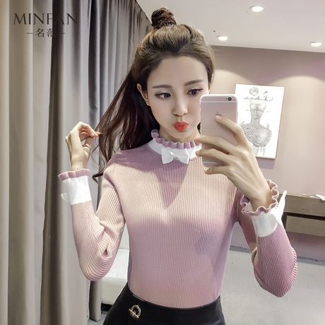 针织毛衣女2018秋季新款女装韩版圆领蝴蝶结上衣木耳边长袖打底衫商品大图