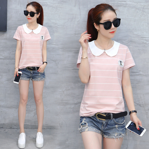 娃娃领宽松丅恤女装少女短袖夏装初中高中学生t恤女生横条纹上衣