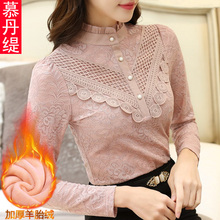 加绒加厚蕾丝打底衫女秋冬新款女装韩版长袖高领百搭黑色上衣图片