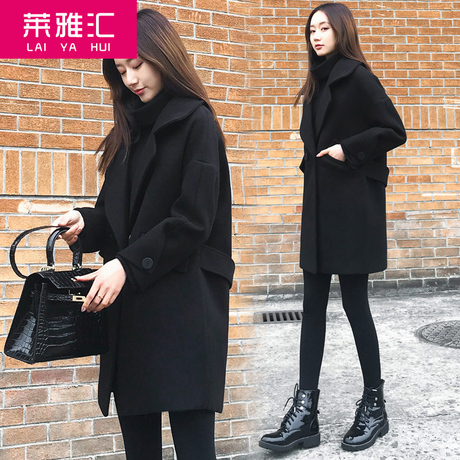 秋冬季女装呢子大衣毛呢外套休闲时尚黑色中长款赫本风显瘦反季商品大图