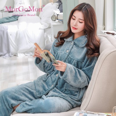 MORGOMON女法兰绒女士保加厚长袖水貂绒秋天家居服套装睡衣WC823
