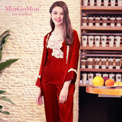 MORGOMON2018夏季新款仿真丝睡衣女士吊裙外袍长裤三件家居服套装