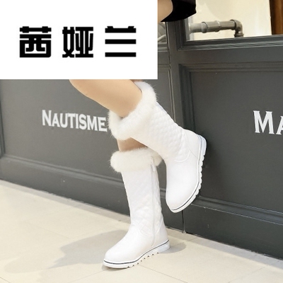 茜娅兰冬季兔毛女鞋白色中筒毛毛靴加绒保暖棉靴平跟冬靴平底女靴