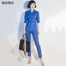 两件套女 西装 条纹小西服双排扣修身 套装 九分裤 2019春秋职业ol时尚