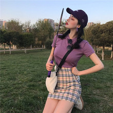 显瘦俏皮紫色短袖 格纹高腰A字半身裙 T恤 韩国chic风修身 夏季新款