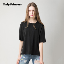 Only Princess黑色破洞毛边袖下摆短袖T恤棉圆领2018年夏季新品