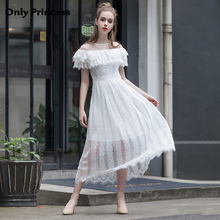Only Princess2018夏季新款一字露肩透明纱连衣裙中长款