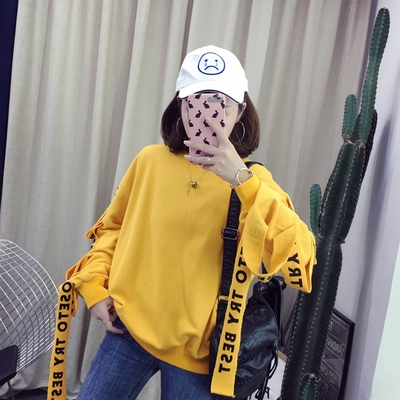 加肥加大码200斤胖mm胖妹妹超火卫衣女2018新款韩版宽松飘带上衣