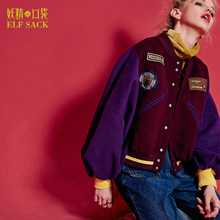 妖精的口袋旗舰店春装新款棒球服欧美贴布绣休闲毛呢外套女732132图片