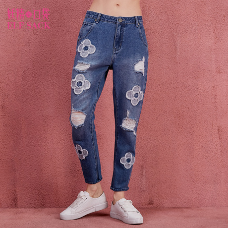 妖精的口袋旗舰店秋季韩版宽松趣味图案毛边装饰牛仔裤女九分裤商品大图