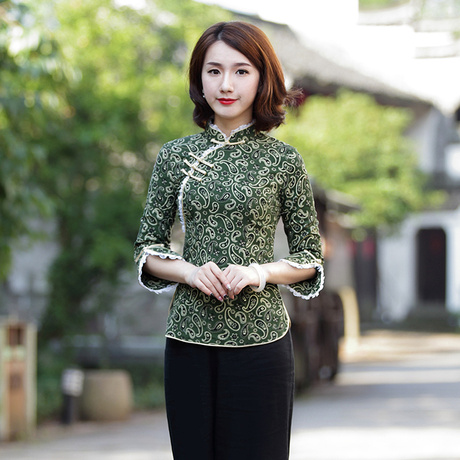 唐装女盘扣上衣旗袍改良棉麻短款春秋季长袖中式复古民国风茶艺服商品大图