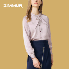 ZIMMUR18年秋装新品条纹单排扣简约百搭时尚修身系带尖领衬衫上衣图片