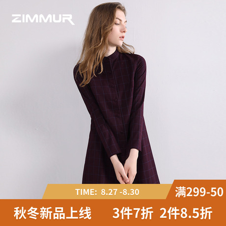 ZIMMUR秋冬新款2018紫色格子宽松中款薄外套休闲职业装女连衣裙商品大图