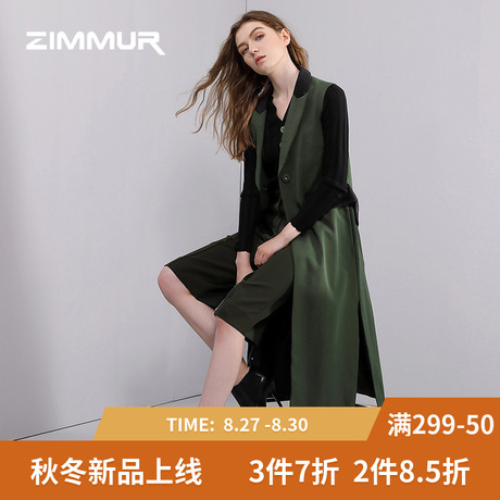 ZIMMUR秋冬新款2018军绿色马甲宽松时尚风衣大衣女中长外套无袖商品大图